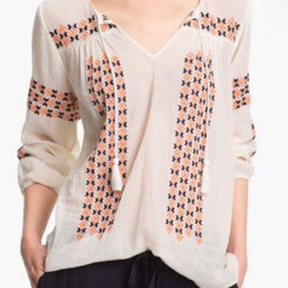 JOIE Nira Geo Cotton Embroidered Peasant Top